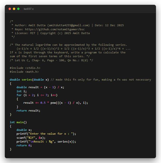 The natural logarithm can be approximated by the following series. (x-1)/x + 1/2 ((x-1)/x)^2 + 1/2 ((x-1)/x)^3 + 1/2 ((x-1)/x)^4 + ... If x is input through the keyboard, write a program to calculate the sum of the first seven terms of this series.
